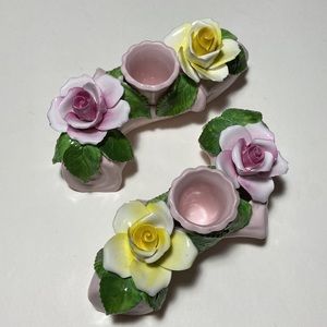 2 Radnor Bone China Flowers Candleholders 6"  Handpainted Staffordshire England